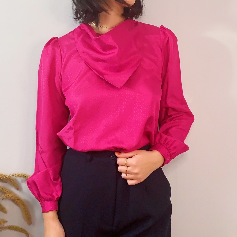 Vintage Fuchsia Puff Sleeve Blouse Cowl Neck Small